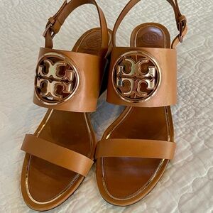 Tory Burch Metallic Miller 65mm Wedge Sandals in Tan / Rose Gold